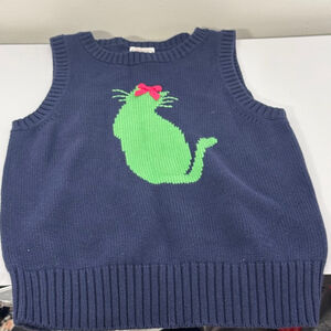 Talbot's Kids Pullover Sweater Vest V-Neck Navy Blue w/Green Kitty Cat Size 8